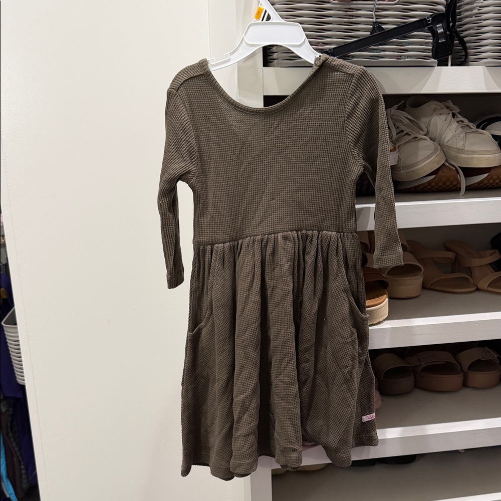 Ruffle Butts Olive Waffle-Knit Long Sleeve Dress
